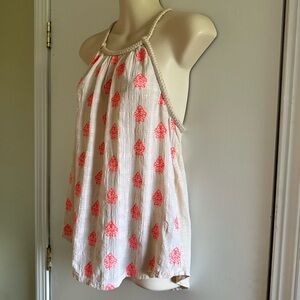 Boho LUCKY BRAND Floral Embroidered Braided Halter Tank Top Sz Medium Tan Orange